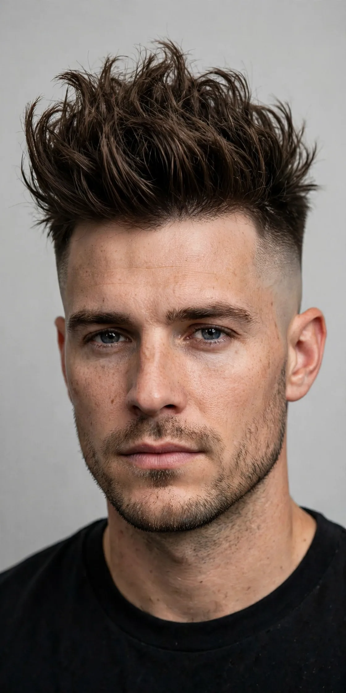 Quiff with a bald fade haircut — textured quiff with height at the front and bare-skin faded sides