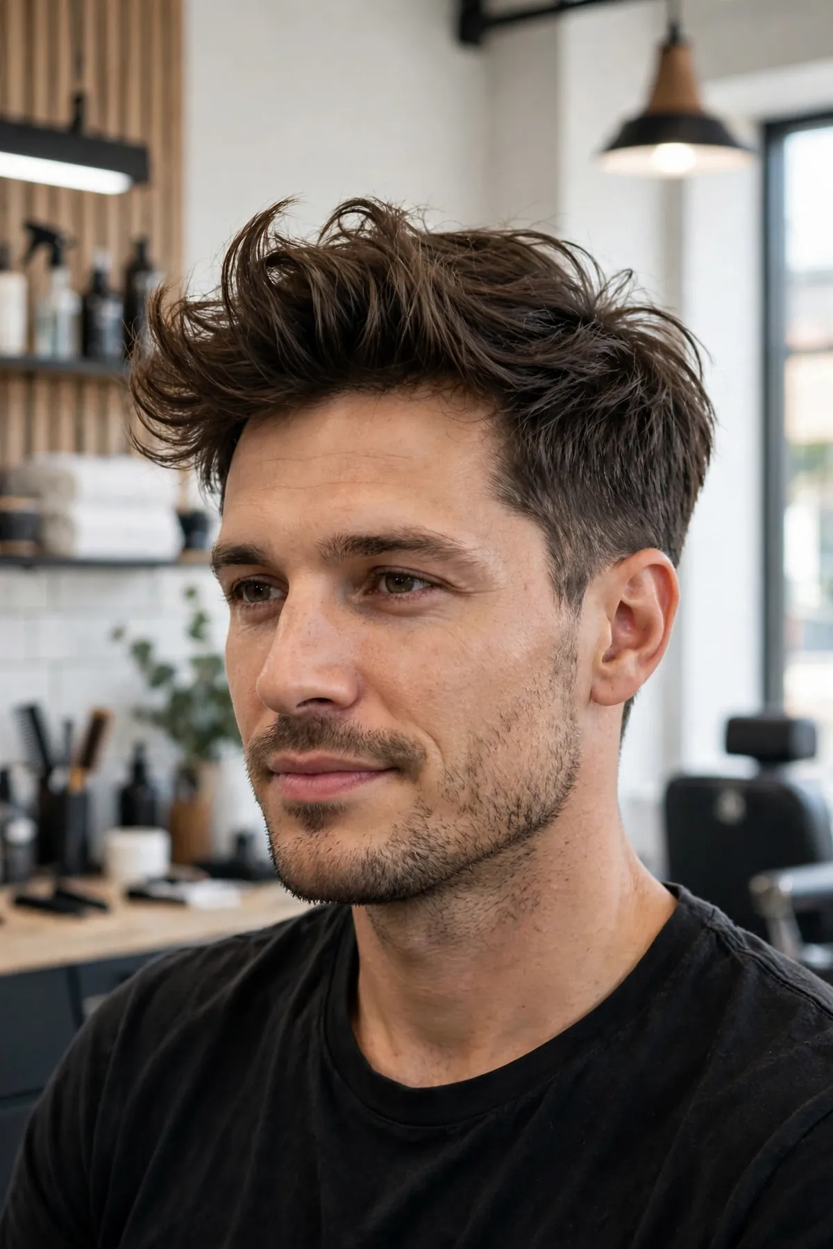 Loose quiff haircut for men — lifted textured front with casual tapered sides