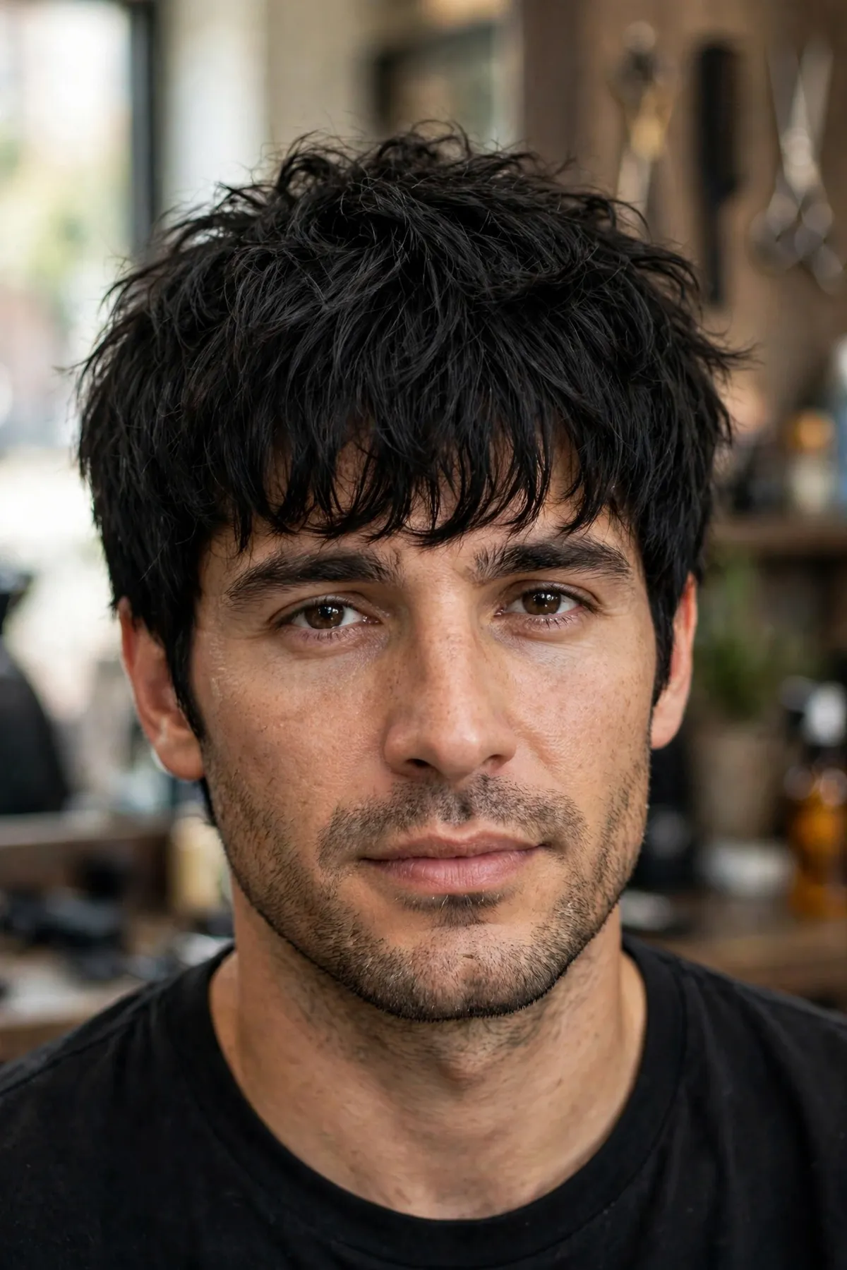 Messy fringe haircut for thick hair on a man, heavy textured fringe with weight removed for movement