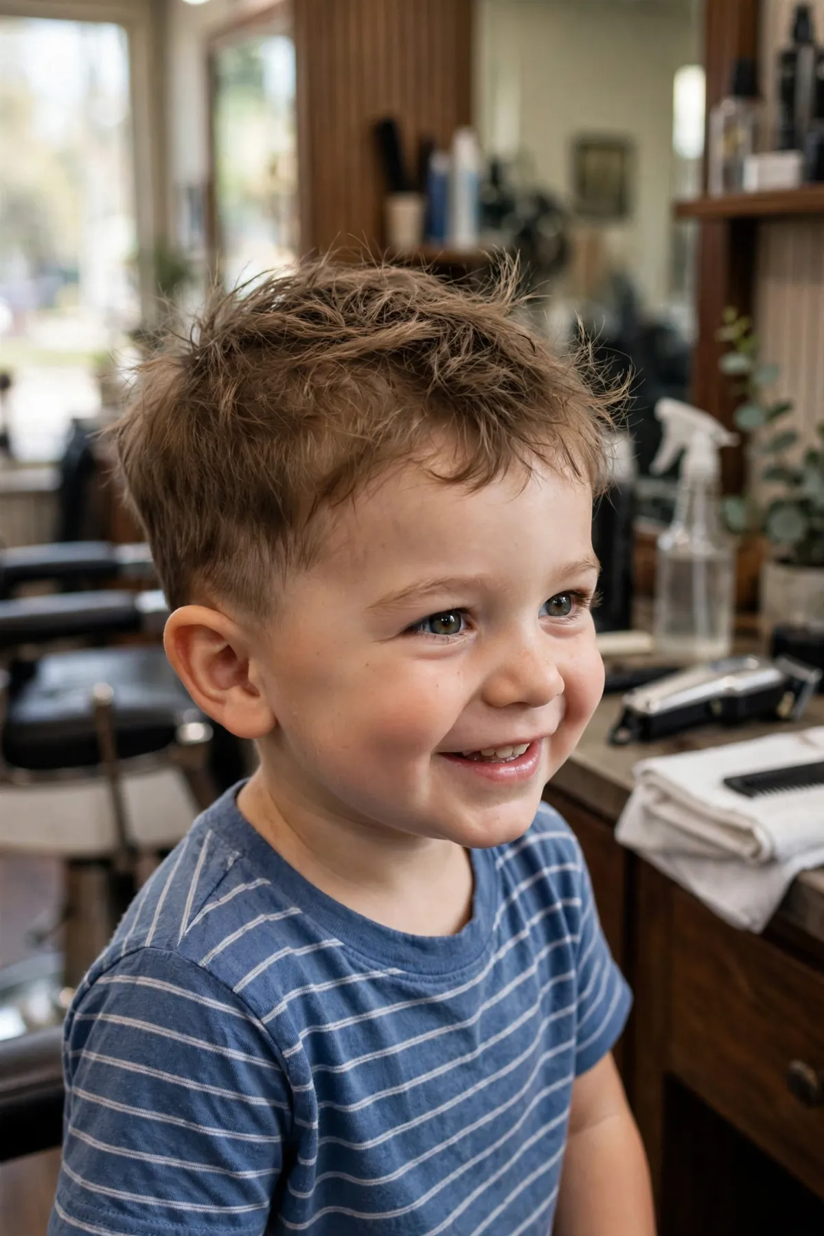 Toddler boy with a tousled mini crop, soft messy natural texture — easy wash-and-go toddler haircut