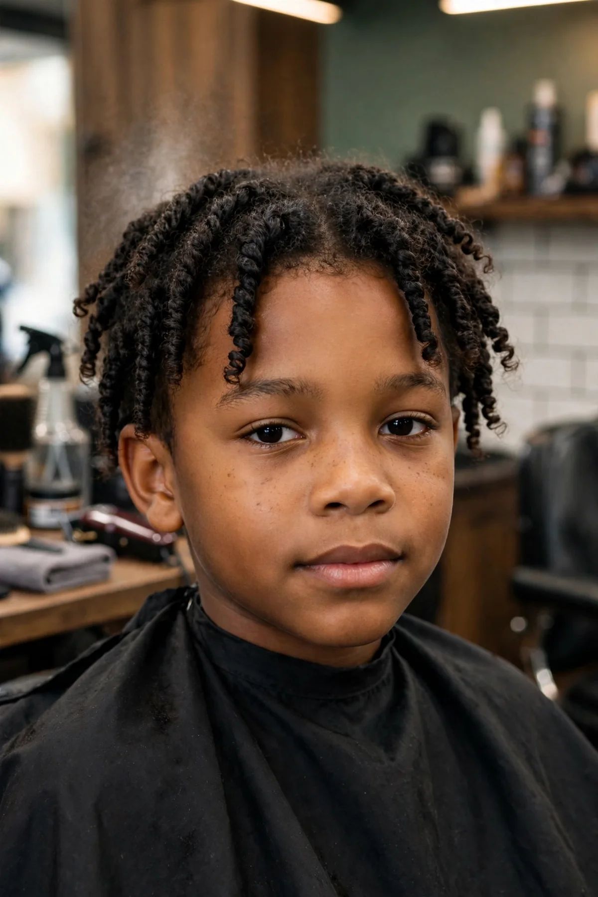 Young Black boy with two-strand twist curls, a protective textured black boy haircut.