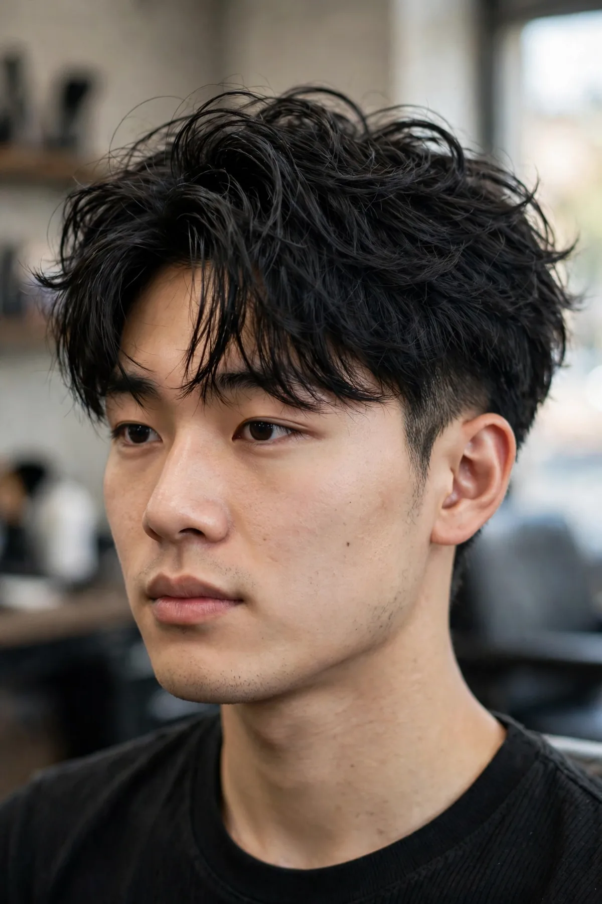Blowout haircut with textured fringe for men, volume on top with fringe over forehead