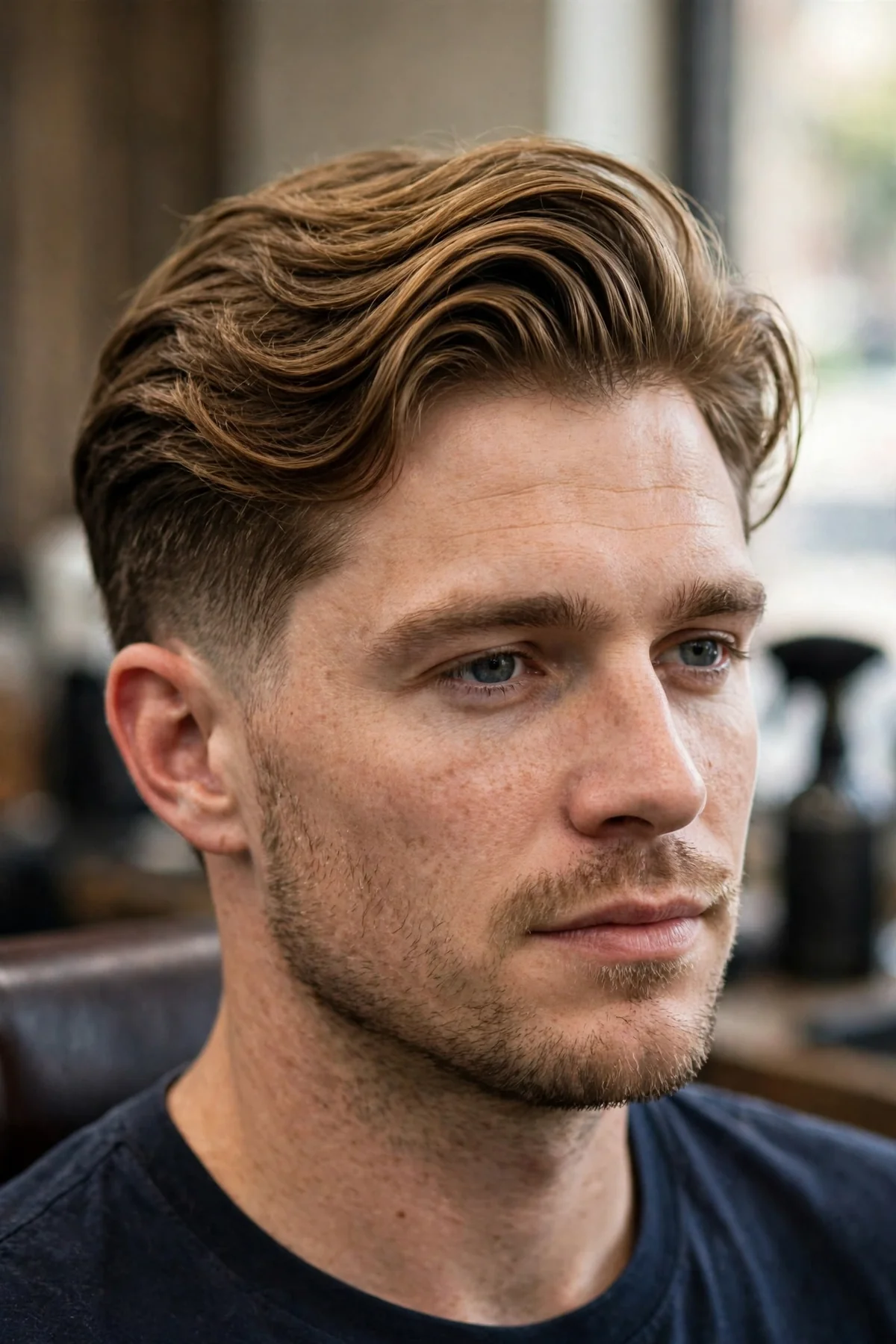 The bro flow taper haircut — long flow on top with a clean scissor taper at the sides and nape, barbershop photo.