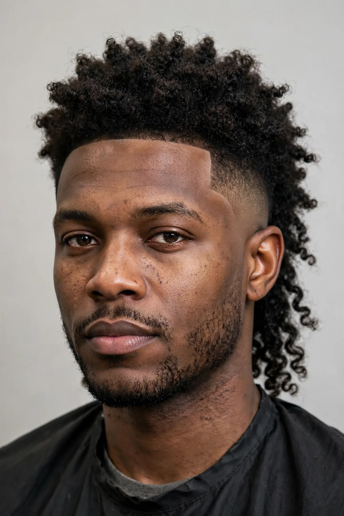 Coily fade mullet haircut on a Black man — dense coils on top with a crisp skin fade and coily texture at the nape.