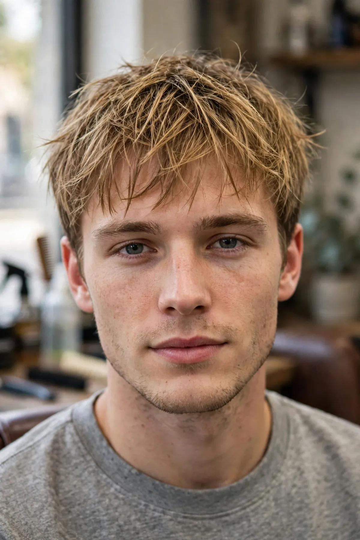 Messy fringe haircut for fine hair on a man, soft textured bangs adding fullness to thin hair