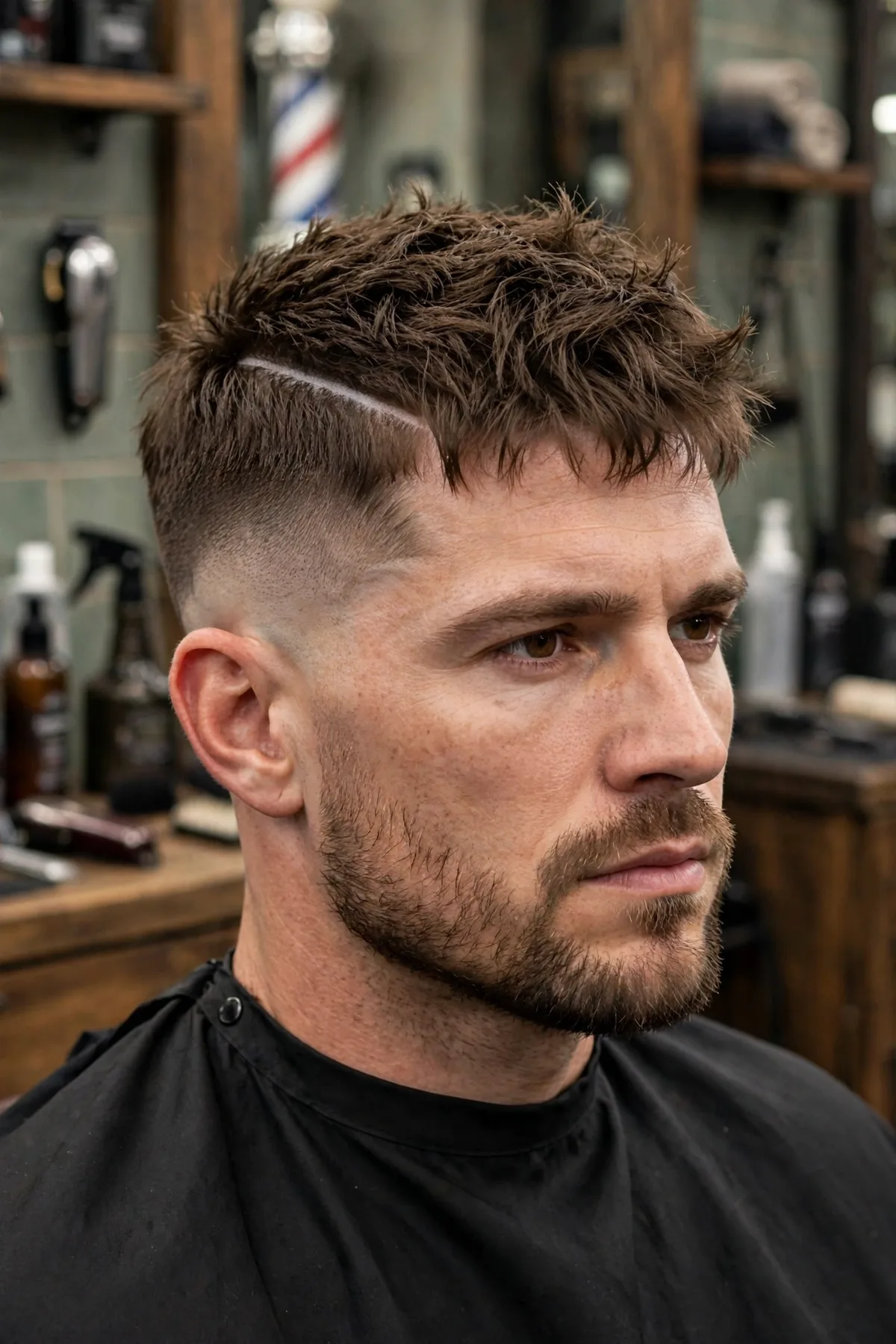 Hard part warrior haircut for men with razor defined part and choppy textured top