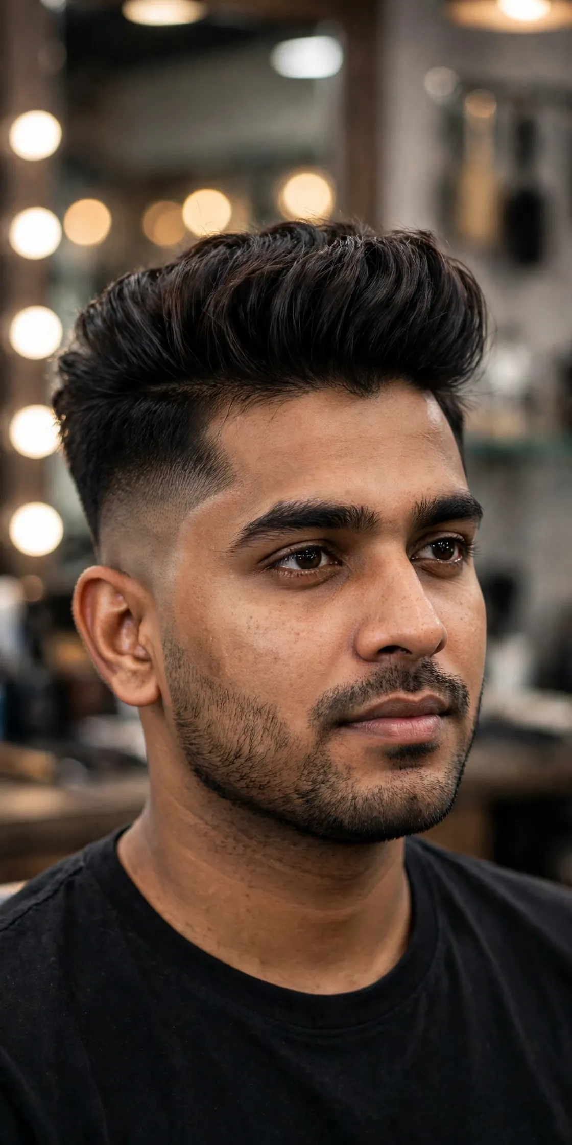 High fade pompadour haircut — dramatic high fade with tall voluminous pompadour top, bold modern men's hairstyle