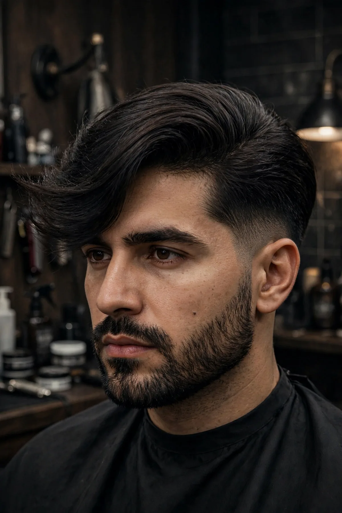 Man with a long top comb over haircut, dramatic swept length over tapered sides, barbershop photography