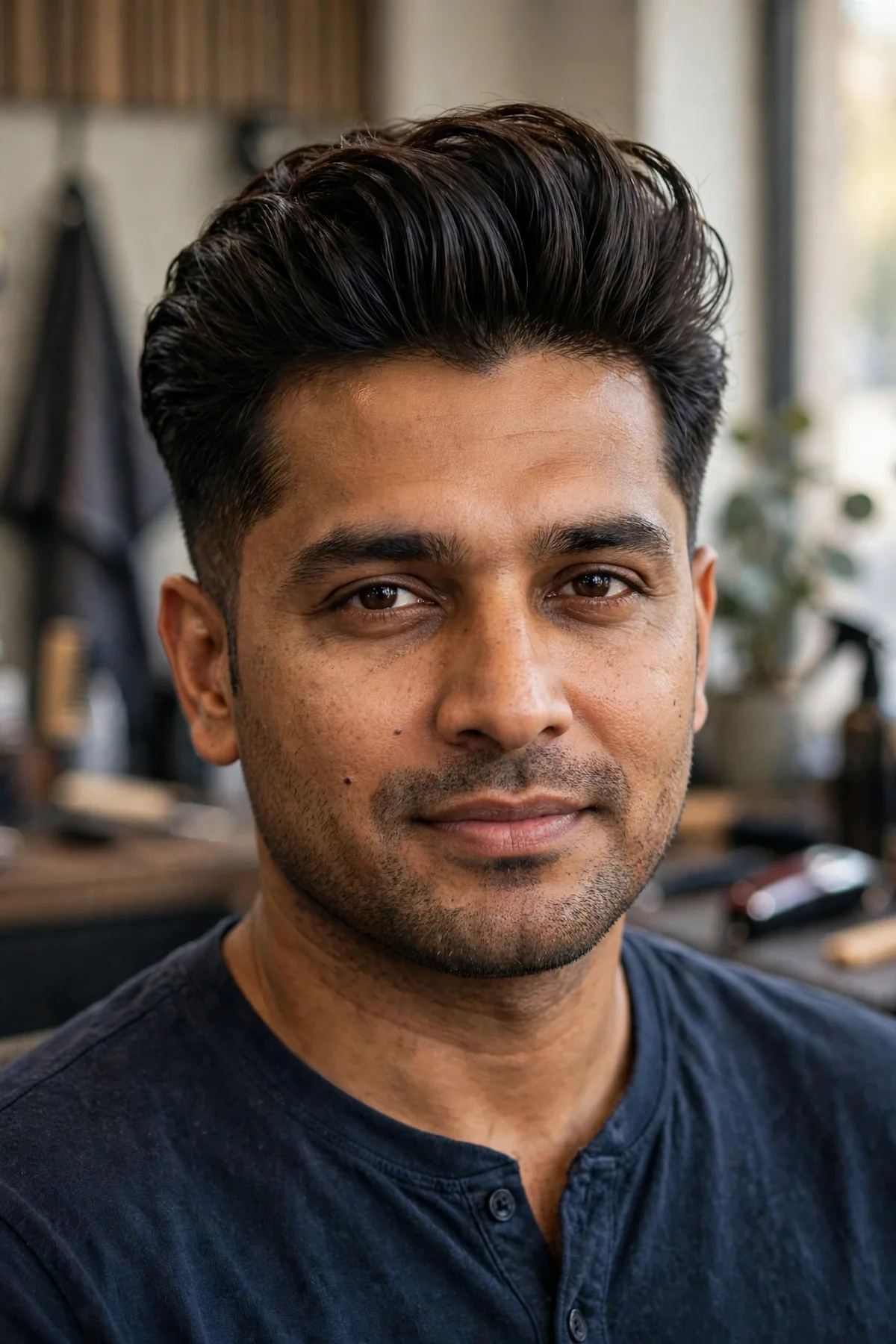 Medium pompadour haircut for men with rounded swept-back height and tapered sides.