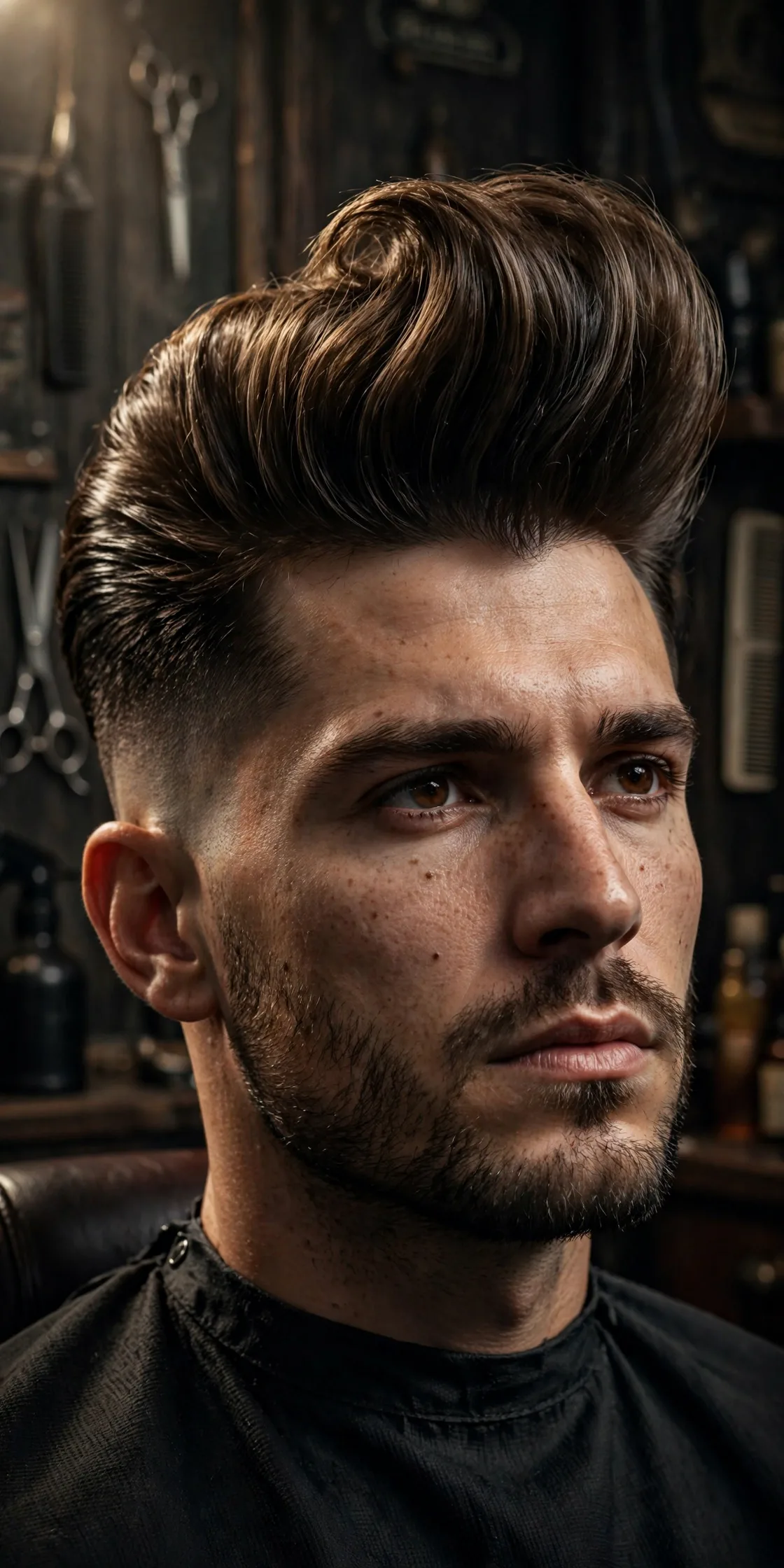 Pompadour slick back haircut with high lifted volume at the front sweeping back into a full pompadour shape. A voluminous retro-inspired men's slick back style.