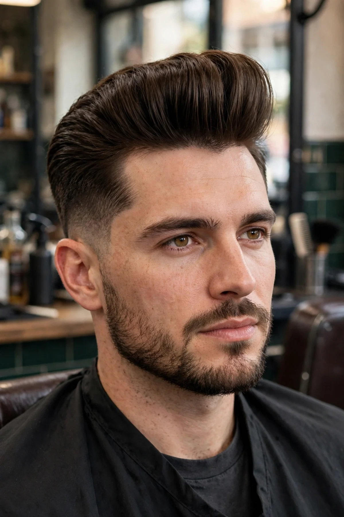 Pompadour haircut for men with straight hair — voluminous swept-back top with short tapered sides