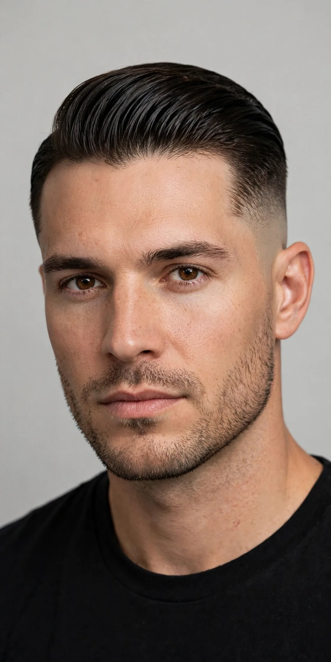Slick back with a bald fade haircut — smooth slicked-back top with clean skin-faded sides