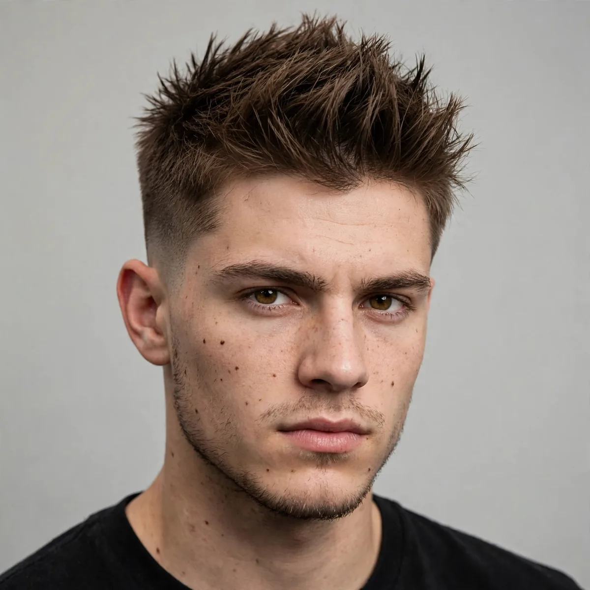 Spiky crew cut haircut for men — short spiky top styled upward with tight tapered sides, edgy look