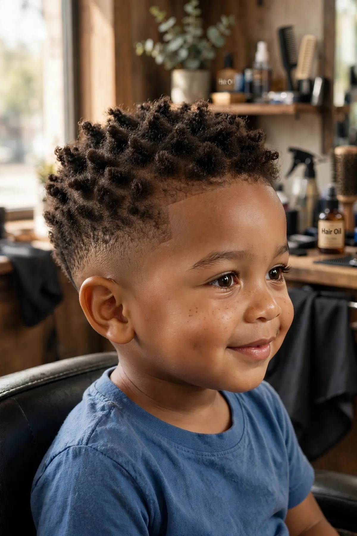 Toddler boy with coily hair in a short sponge-twist top with tapered sides — low maintenance curly toddler haircut