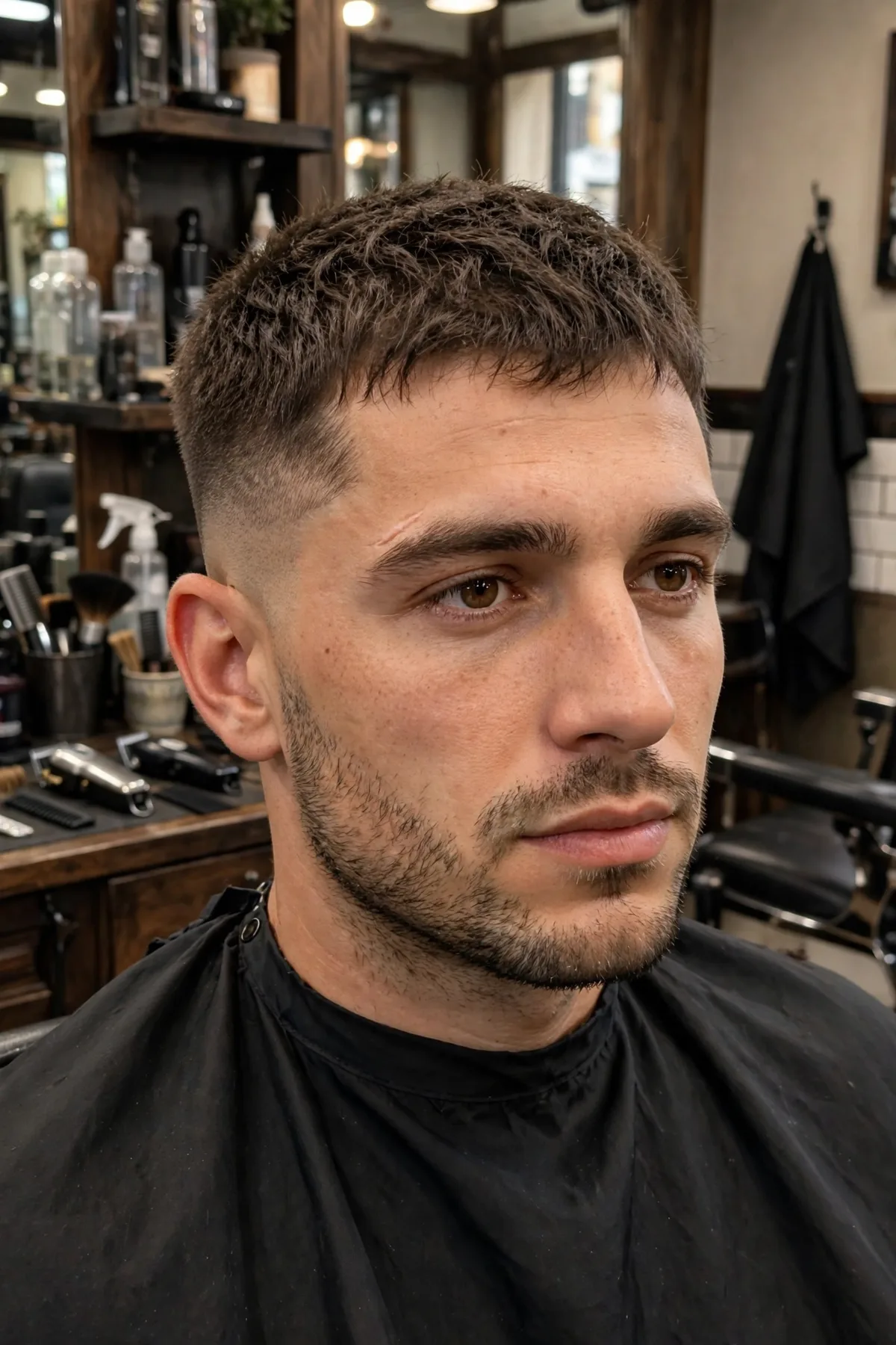 Textured buzz haircut — number 4 length with piecey texture on top