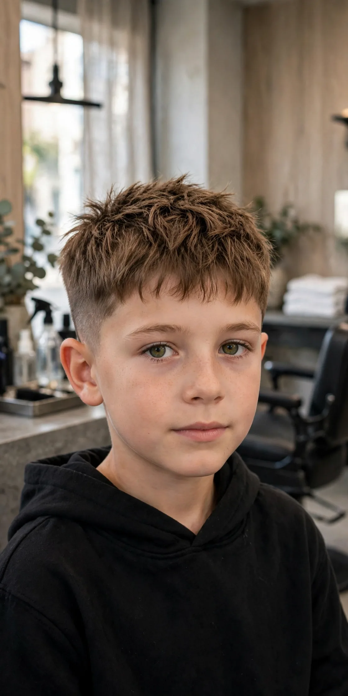 Boy with a textured crop haircut — choppy short layers with a forward fringe, a playful short boys haircut