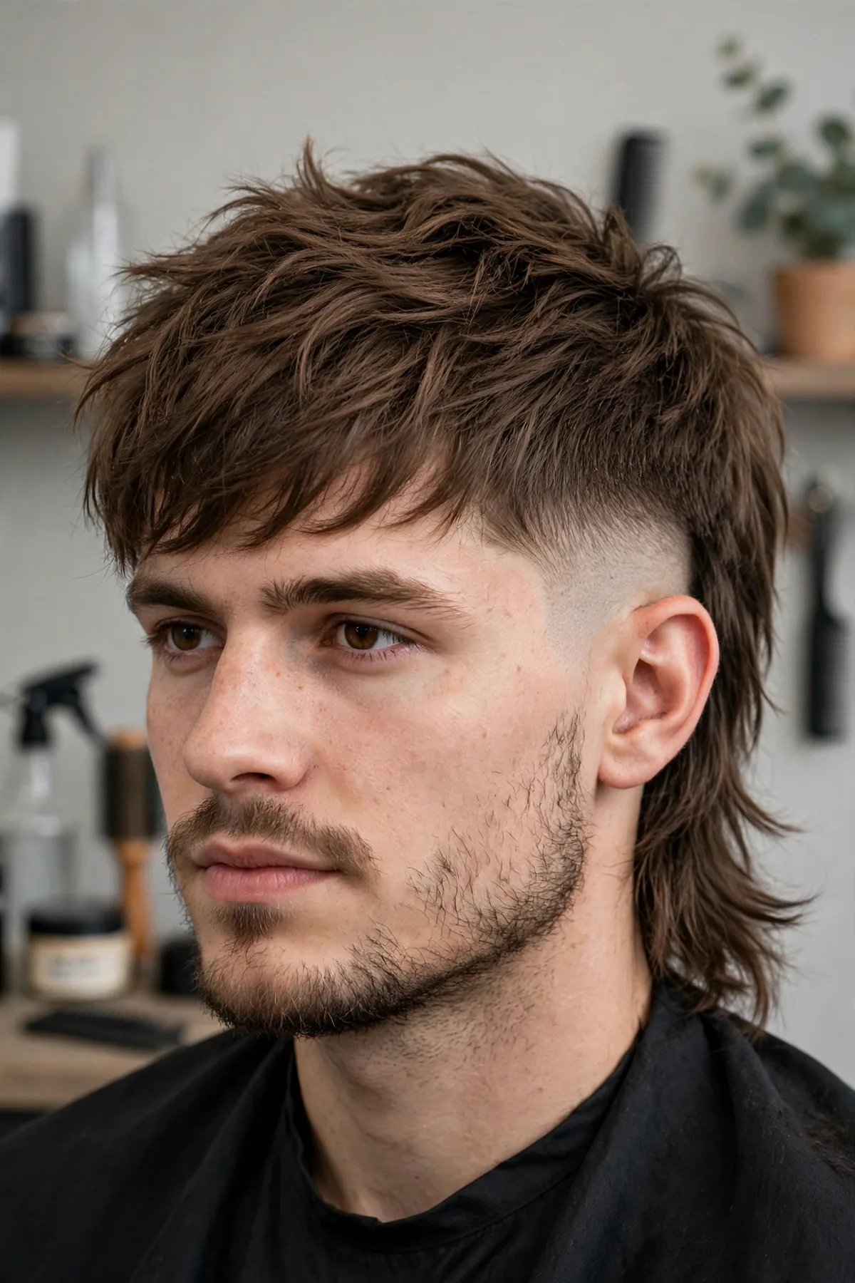 Undercut wolf cut haircut for men with disconnected shaved sides and heavy layered top