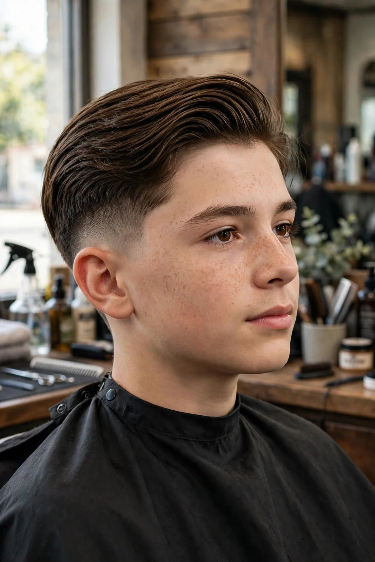 Teen boy with straight hair in an undercut — short sides with long hair swept back on top.