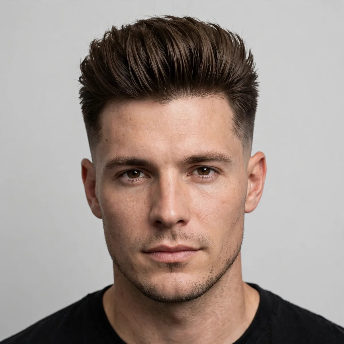 Brushed-up crew cut hairstyle — top brushed straight up and back with volume, clean tapered sides