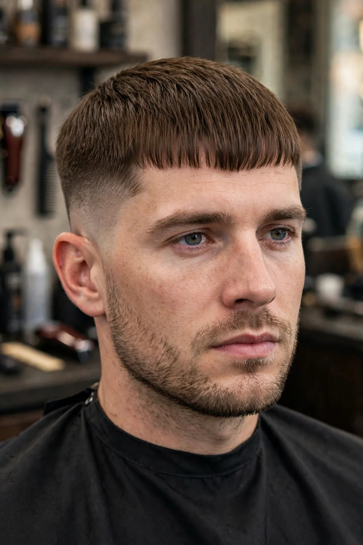 Caesar cut haircut for men with straight hair — short even length with a straight fringe across the forehead