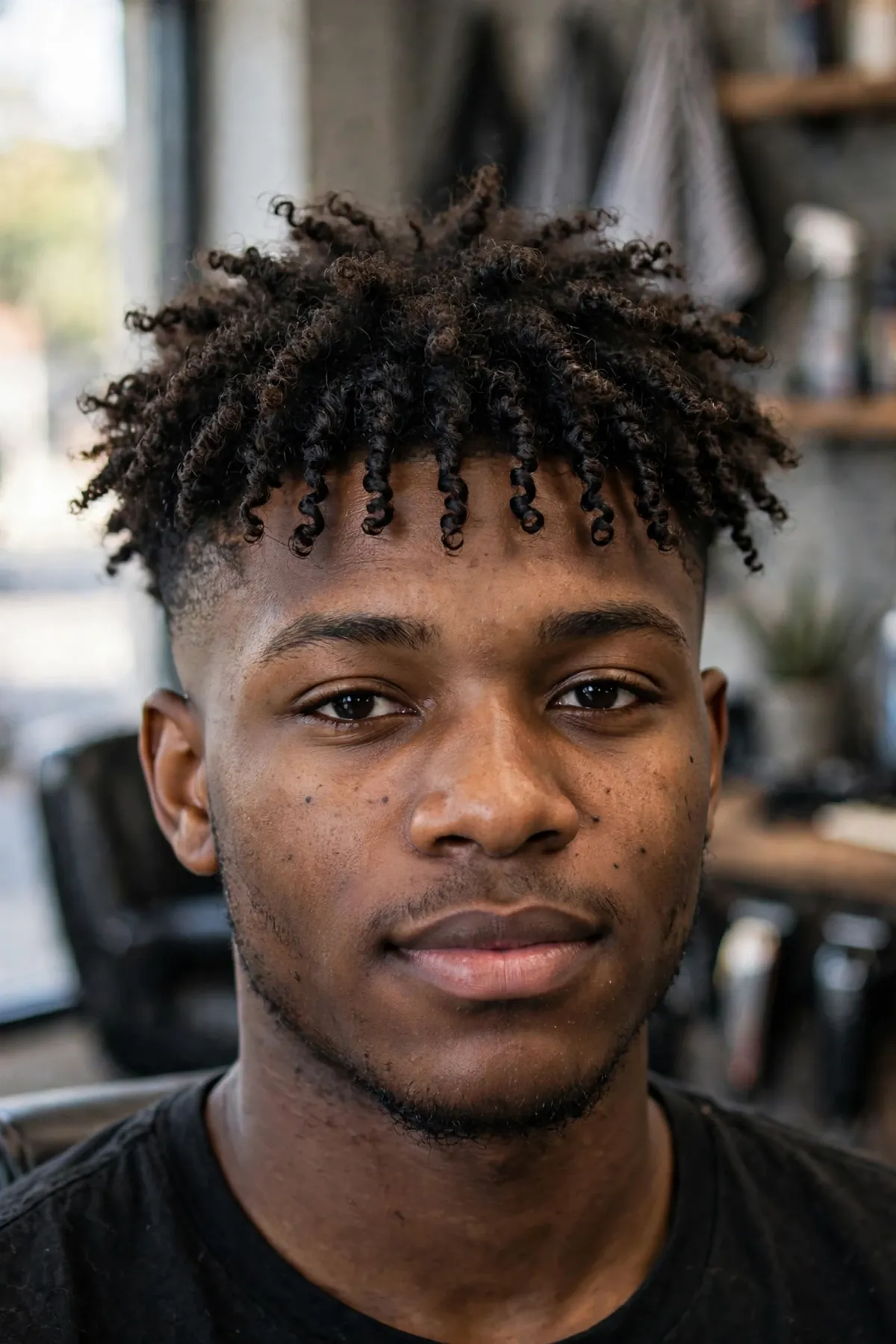 Coily messy fringe haircut on a Black man with textured coils falling forward over the forehead, coily fringe hairstyle
