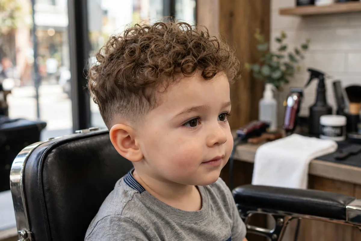 Toddler boy with natural curly top and tapered sides — cute low maintenance curly toddler boy haircut