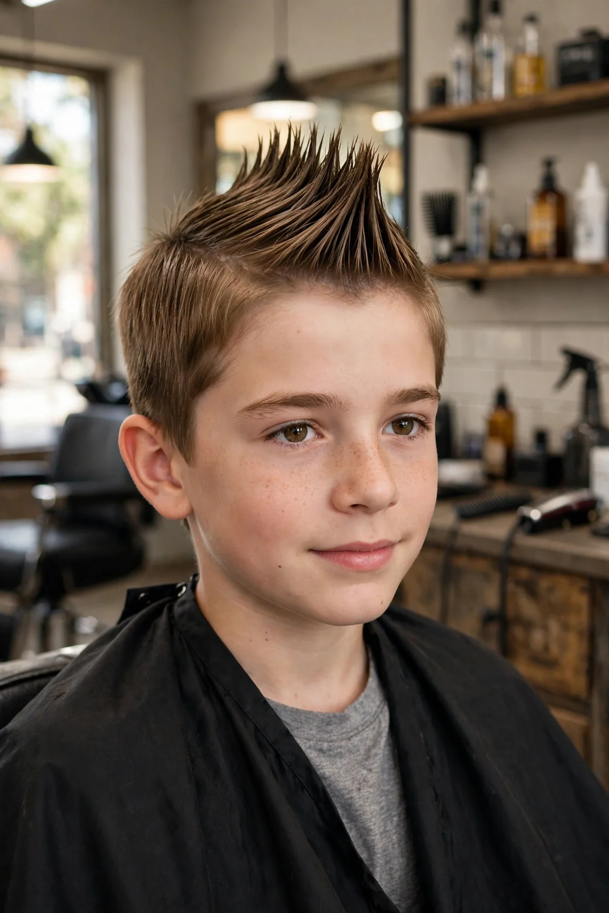 Boy with straight hair in a faux hawk with a longer strip down the middle and faded sides.