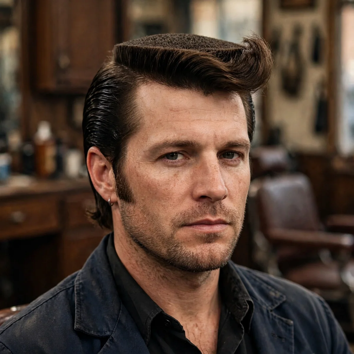 Flat top boogie haircut with long fender sides slicked back, a vintage men's hairstyle