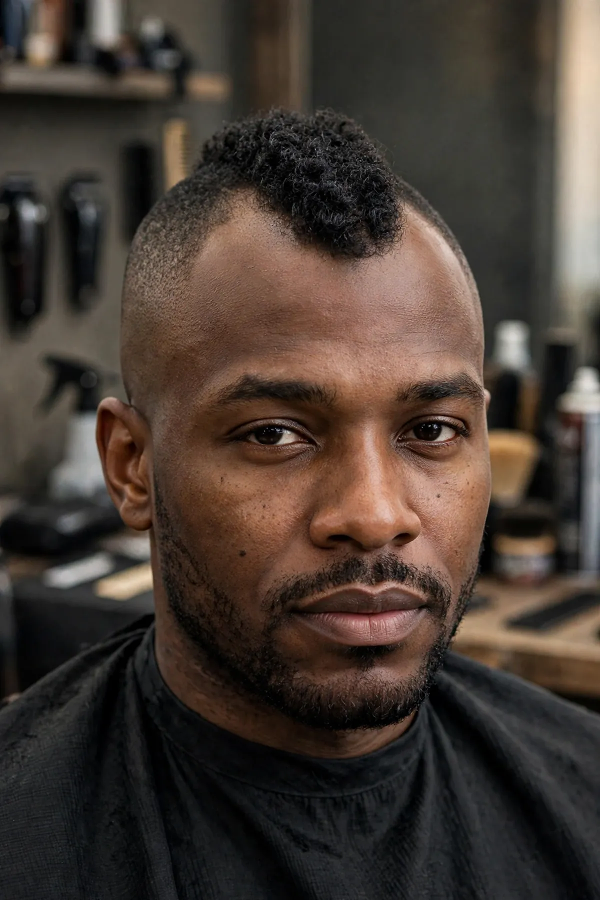 Frohawk black men haircut with faded sides and a strip of curly hair on top