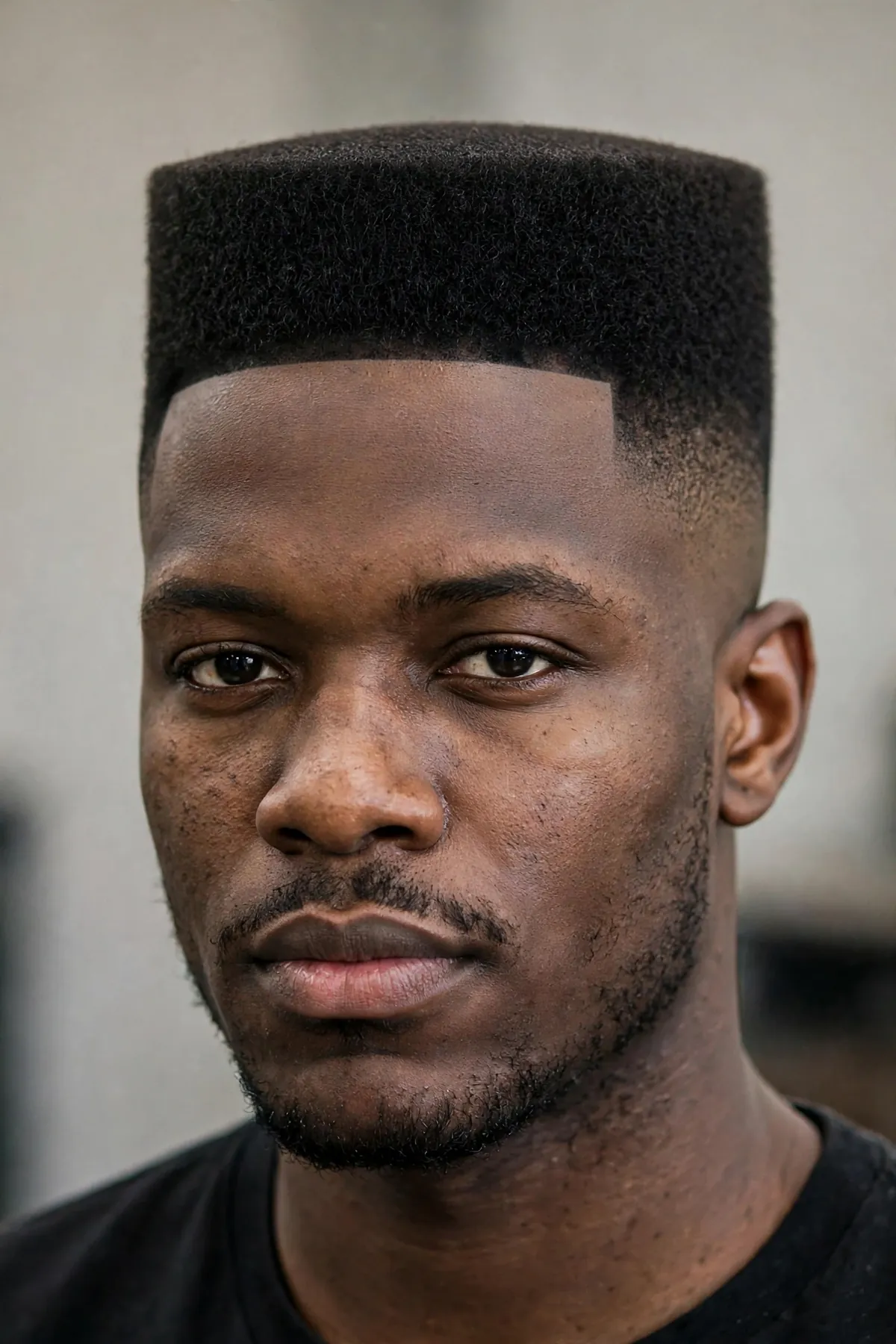 Man with a high-top fade — flat-topped tall box shape with high taper sides and crisp lineup.