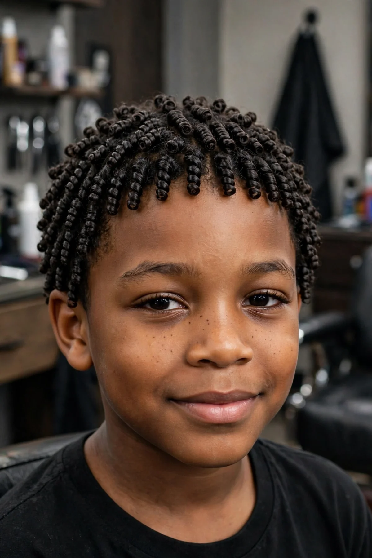 Young Black boy with mini finger coils, perfectly defined small curls, a detailed black boy haircut for events.