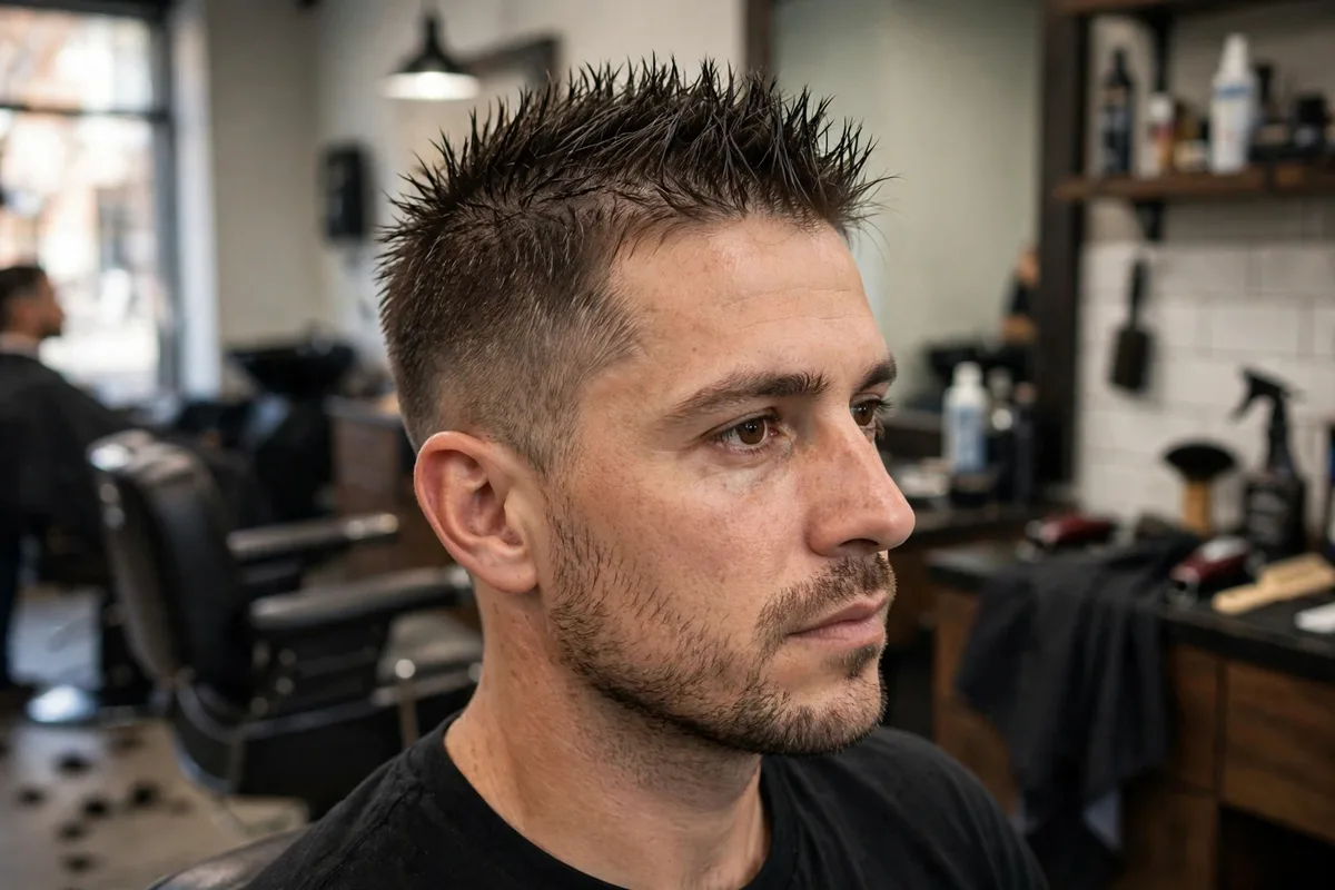 Spiky buzz haircut — short number 3 hair spiked upward for edgy texture