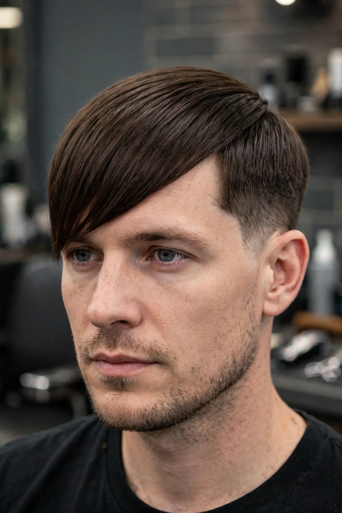 Angular fringe haircut for men with straight hair — long fringe cut at a diagonal angle across the forehead