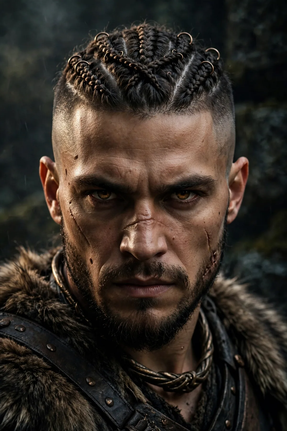 Braided warrior haircut for men with crown plaits and faded sides