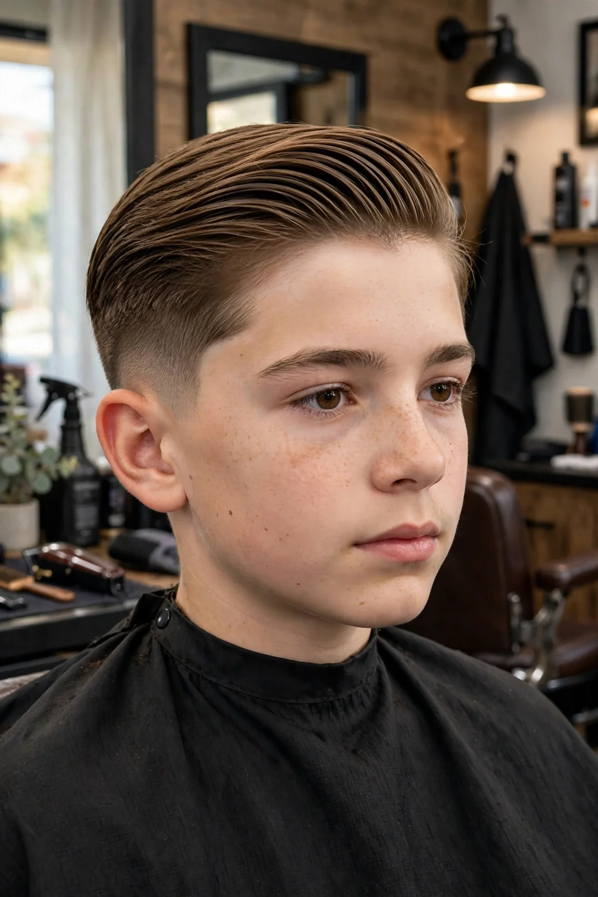 Teen boy with straight hair brushed back over a mid fade.