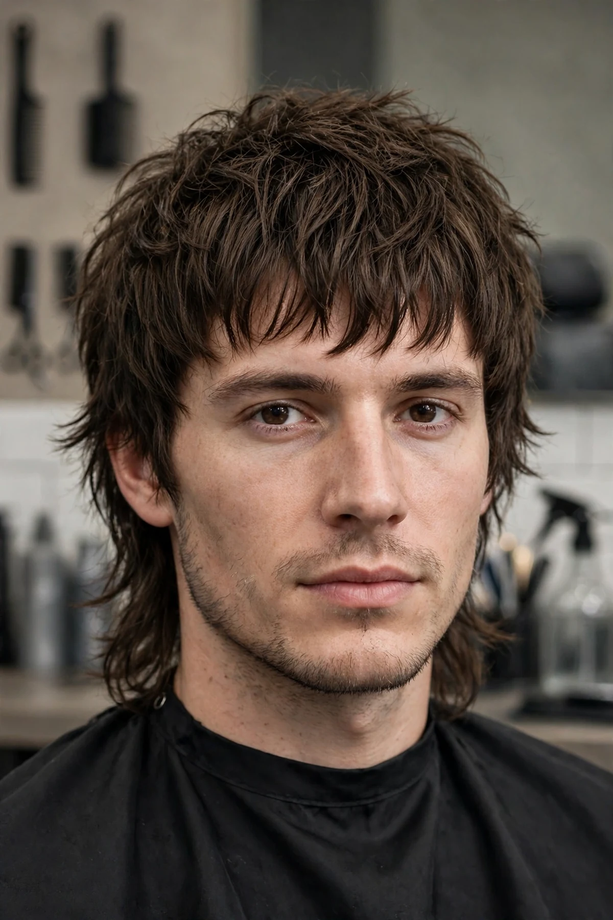 Wolf cut haircut for men with choppy textured bangs and messy layered crown