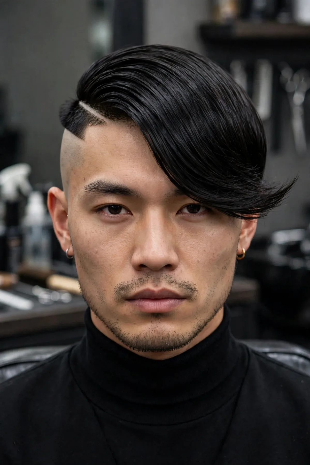 Man with a disconnected undercut comb over haircut, sharp disconnect line and long swept top, barbershop photography