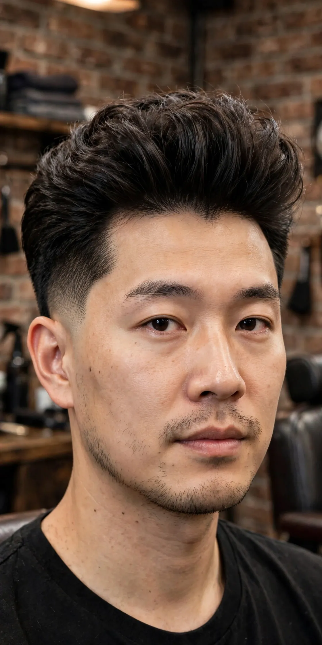 Drop fade pompadour haircut for men — fade that curves down behind the ear with a voluminous pompadour top