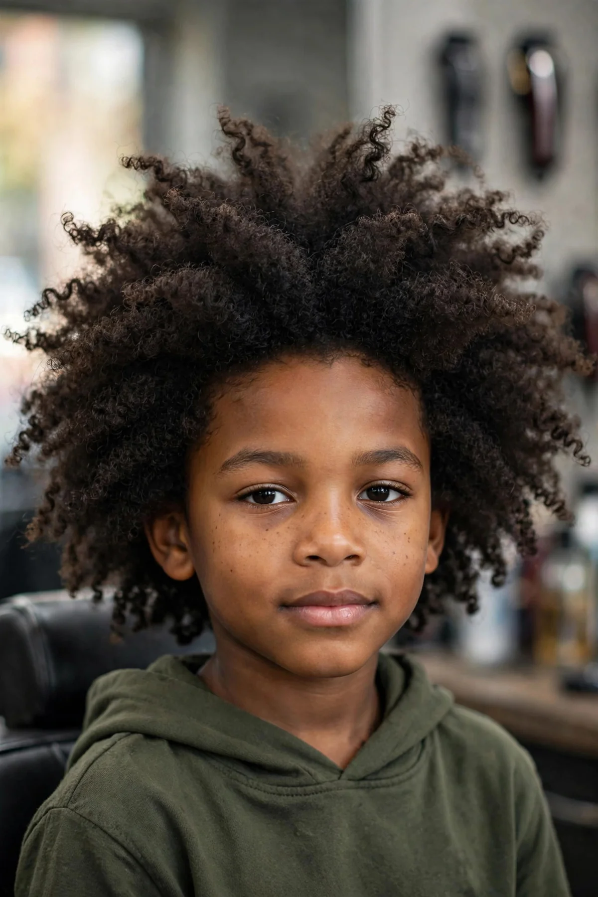 Long coily crown boys haircut with healthy coily texture worn long and full with natural volume