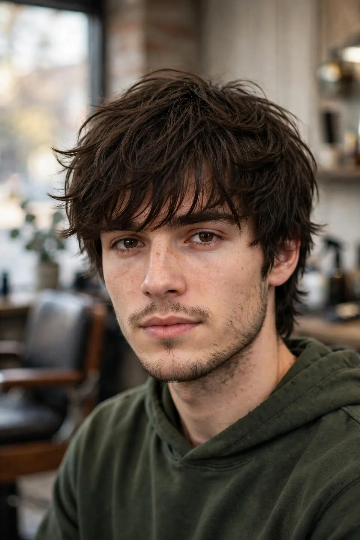 Long messy fringe haircut on a man with extended textured bangs falling over the eyes, long fringe hairstyle for men