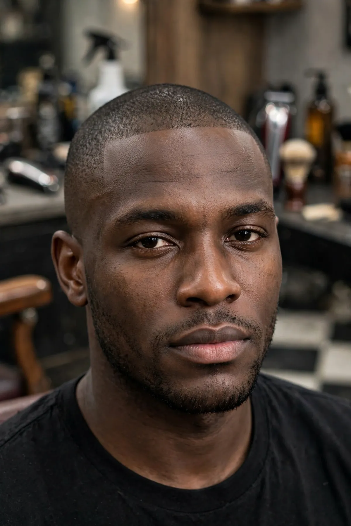 Low cut black men haircut with even short length and clean lineup hairline