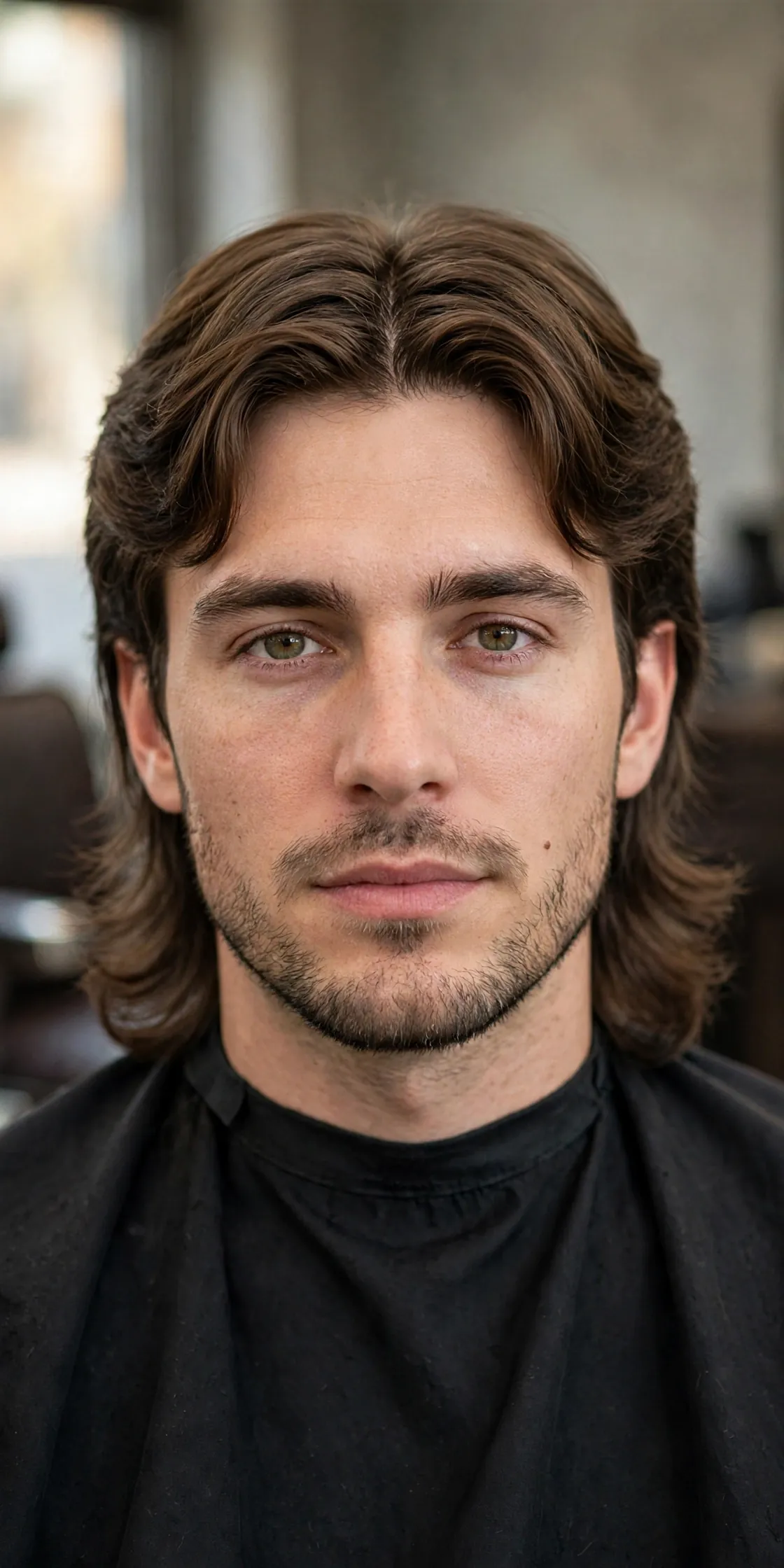 Middle part mullet haircut for men with center-parted front and longer layered back