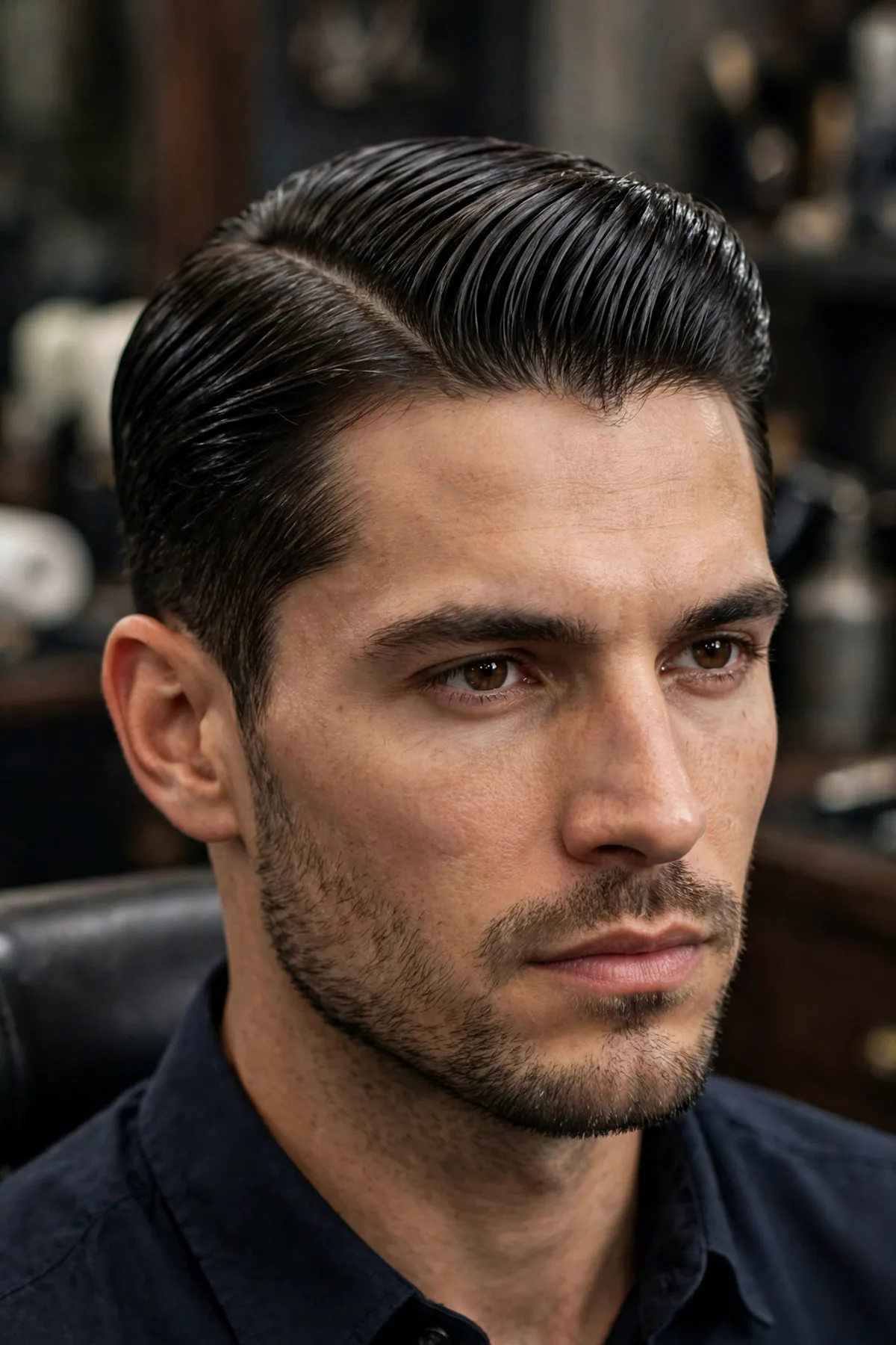 Side part slick back haircut with a defined side parting and hair swept back diagonally. A classic side part and slick back hybrid hairstyle for men.