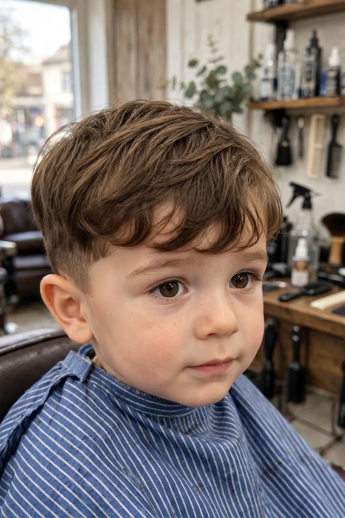 Toddler boy with a wavy fringe haircut, soft waves over the forehead — sweet low maintenance toddler haircut