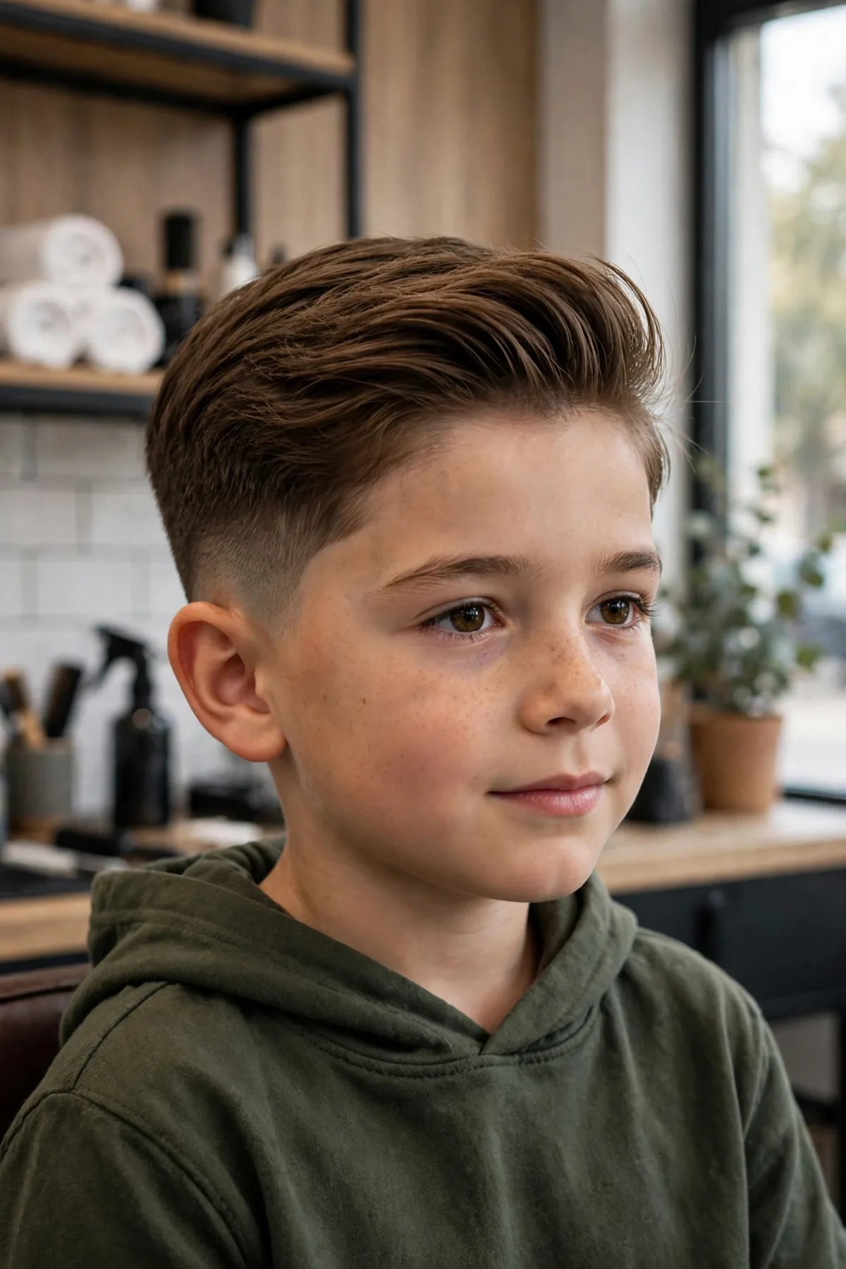 Boy with a brushed-up top haircut — short hair styled upward with faded sides, a stylish short boys haircut
