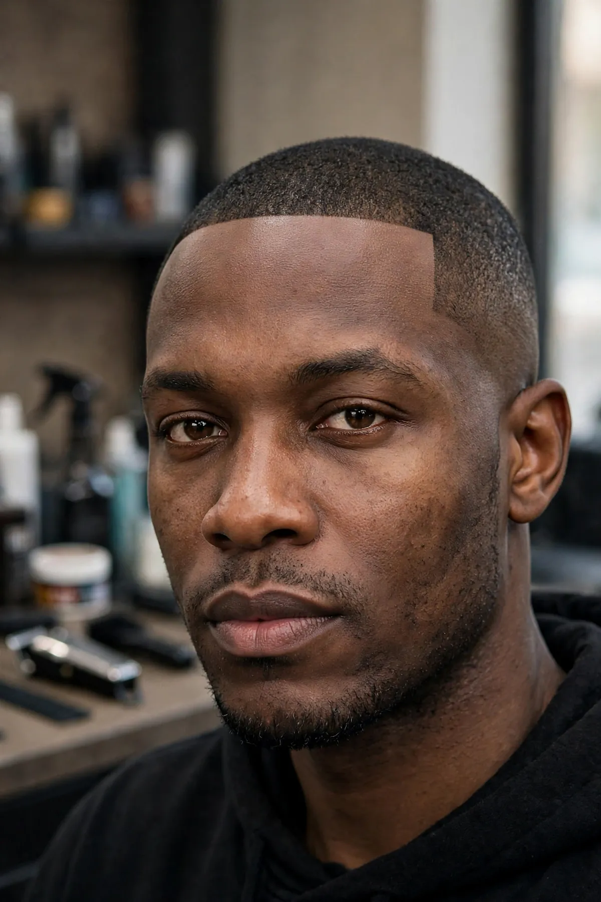 Buzz cut with lineup for Black men showing short even hair and sharp hairline
