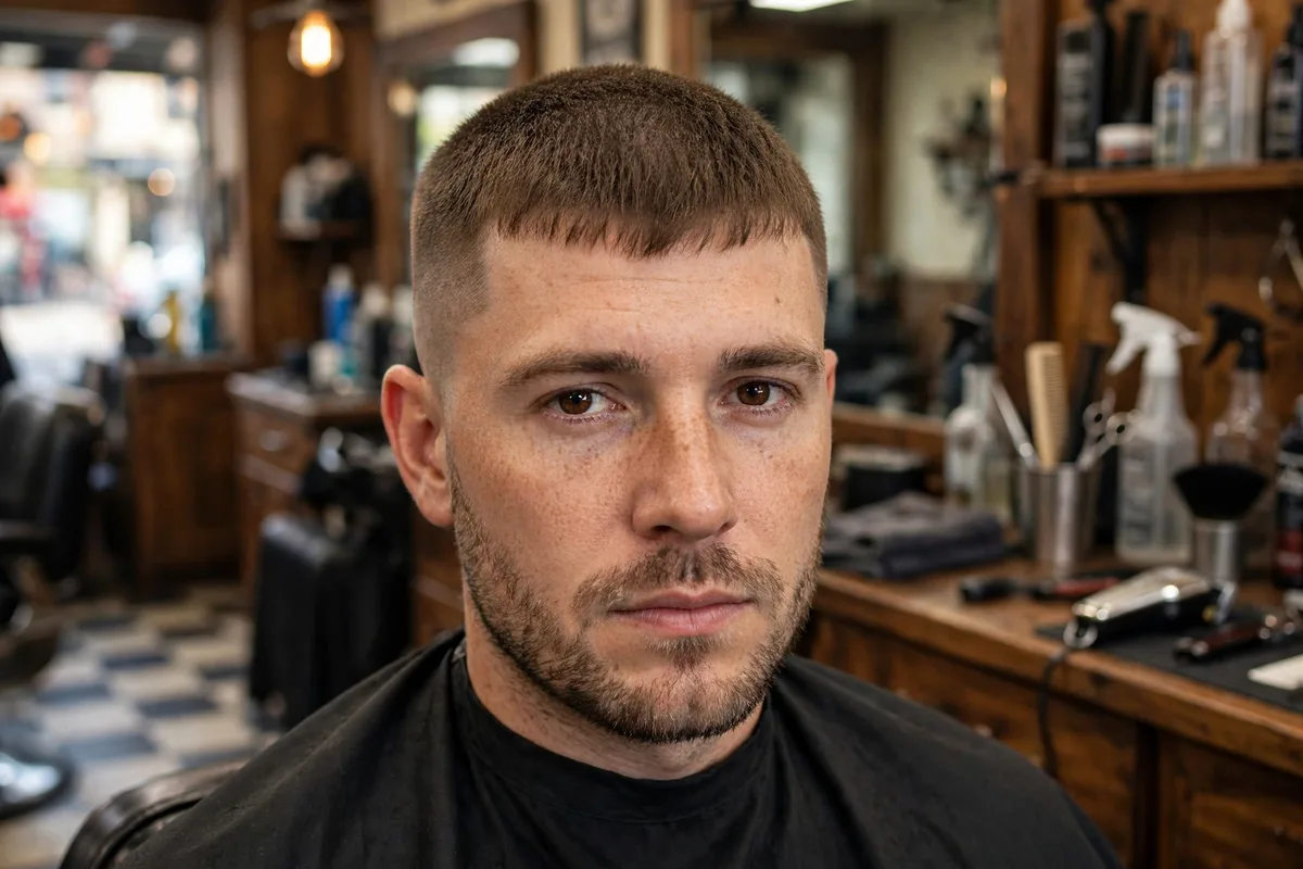 Buzz haircut with fringe — number 4 hair brushed forward into a short fringe