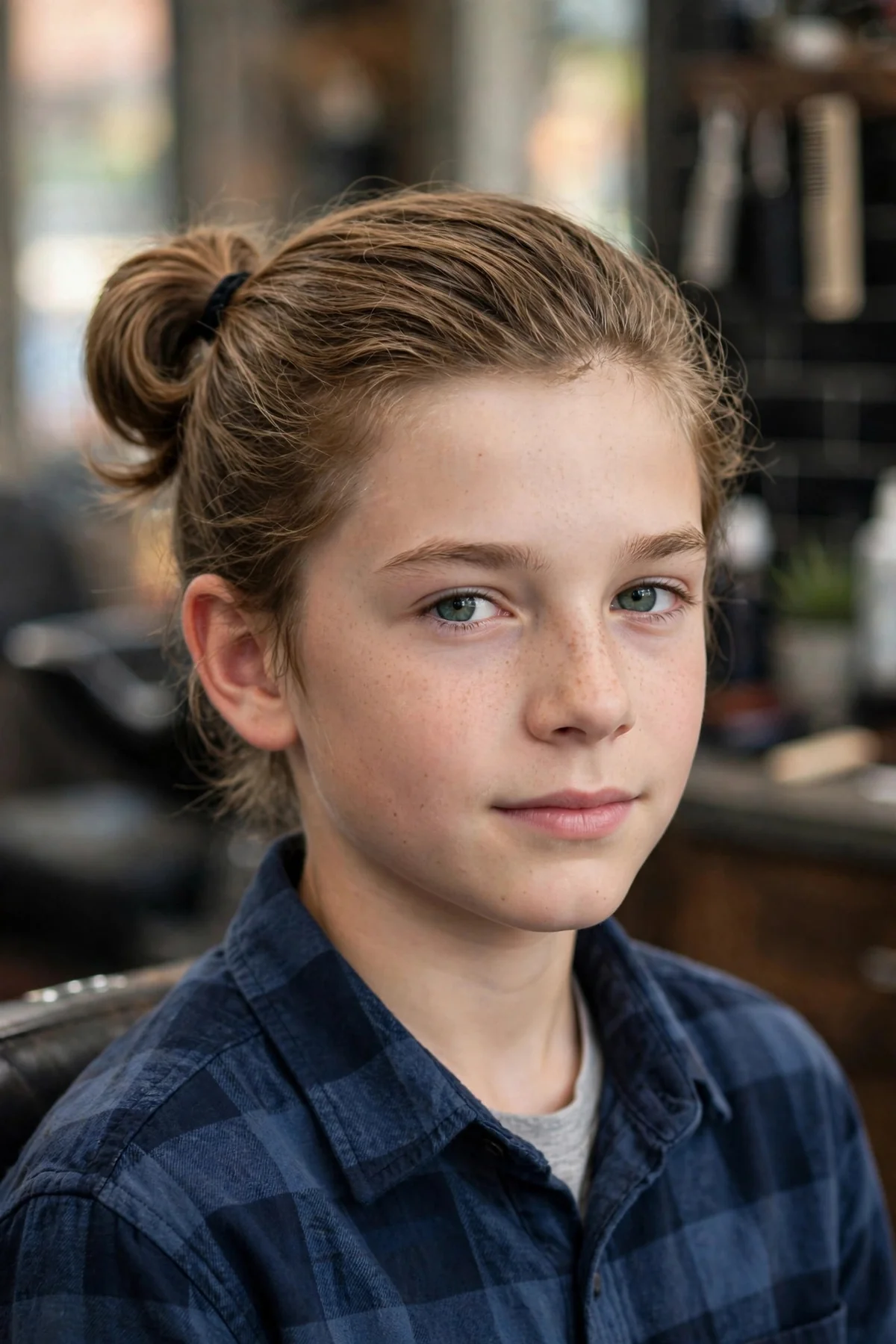 Classic boys man bun hairstyle with long hair pulled into a neat top knot bun