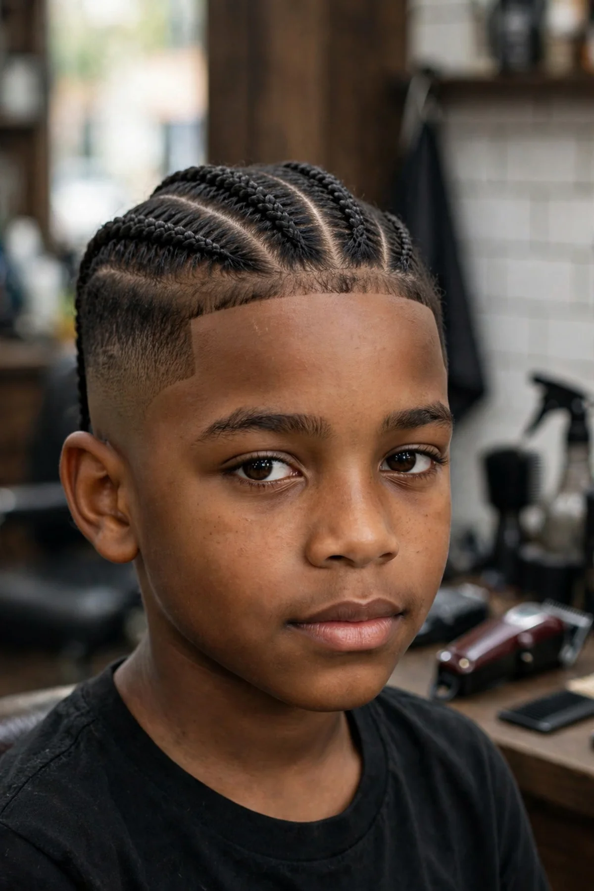 Young Black boy with cornrow braids going straight back and a mid skin fade on the sides, a protective black boy haircut.
