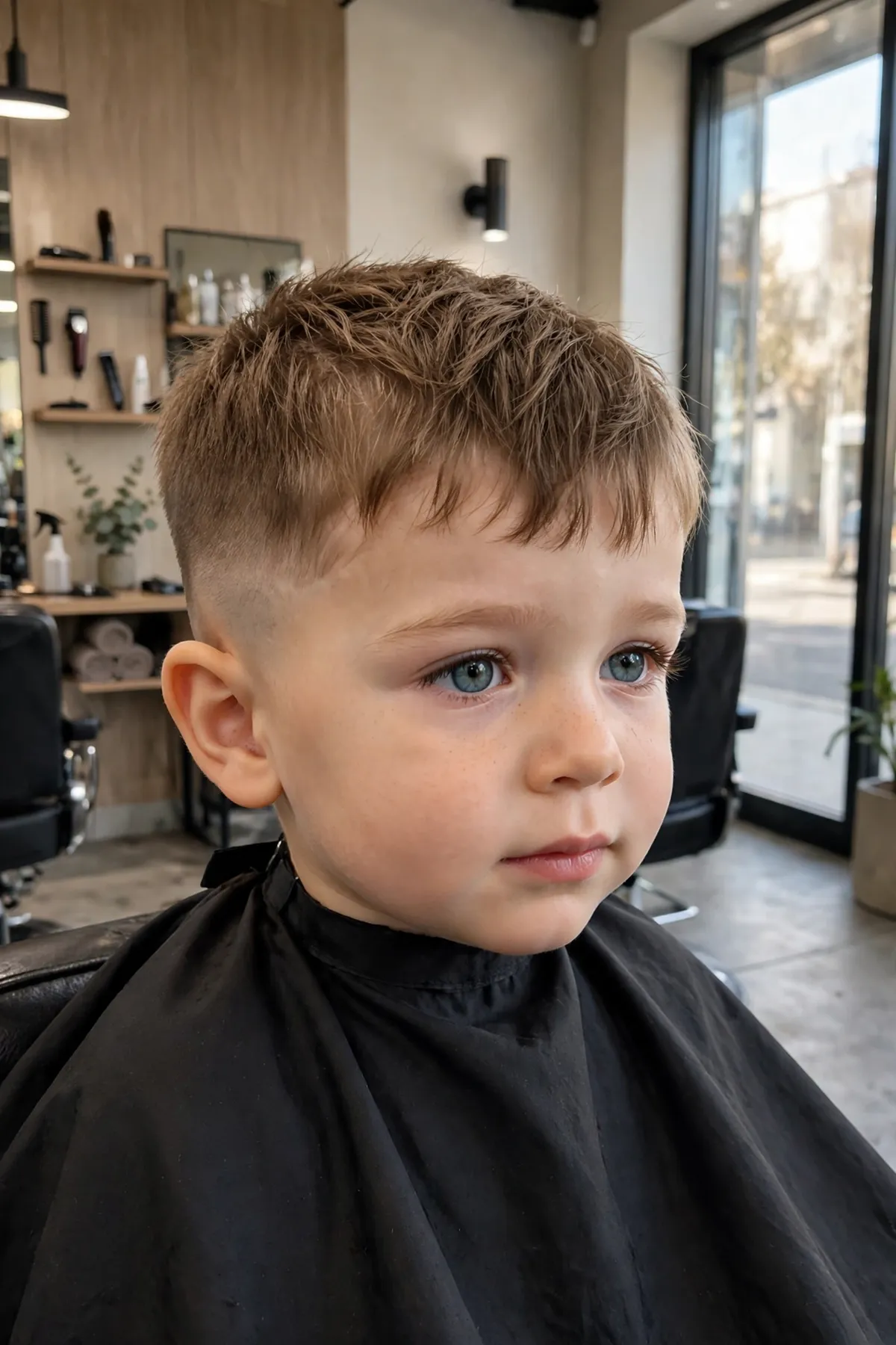 Toddler boy with a french crop and clean fade, textured fringe — modern low maintenance toddler boy haircut